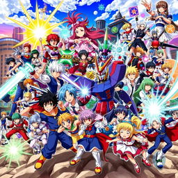 A vibrant and dynamic collage featuring a multitude of iconic anime characters from various genres