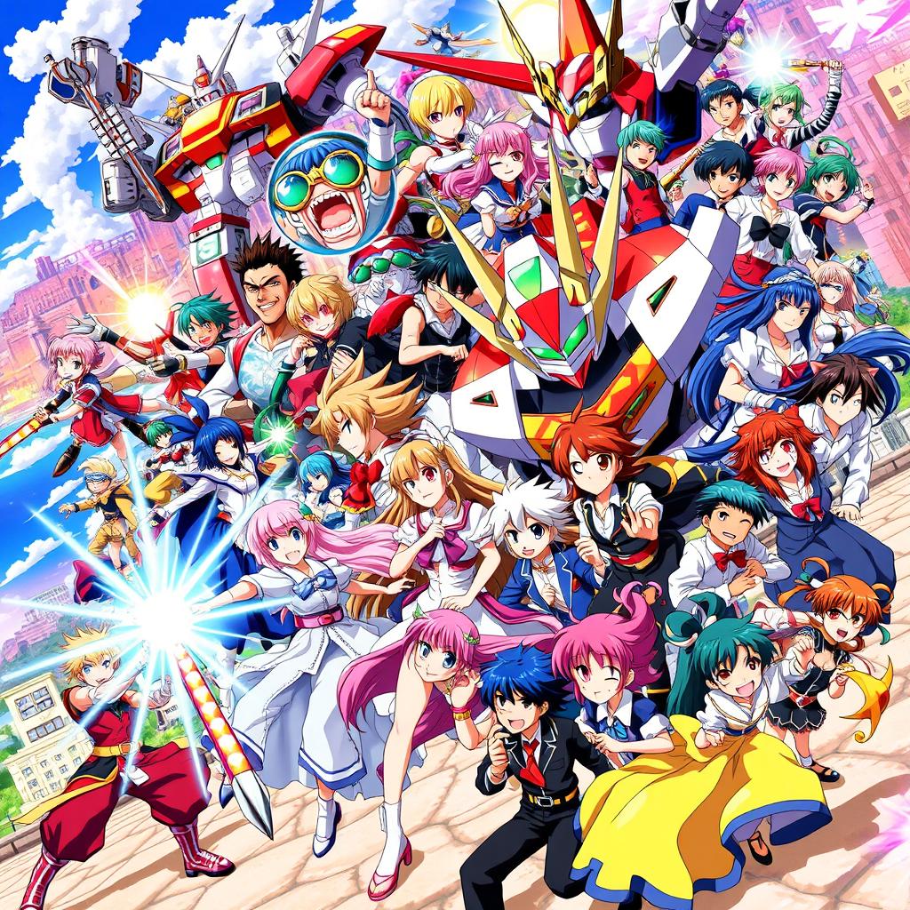 A vibrant and dynamic collage featuring a multitude of iconic anime characters from various genres
