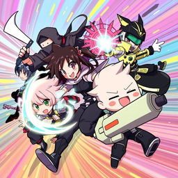 An energetic and fast-paced illustration featuring a diverse group of anime characters in a variety of action-packed poses