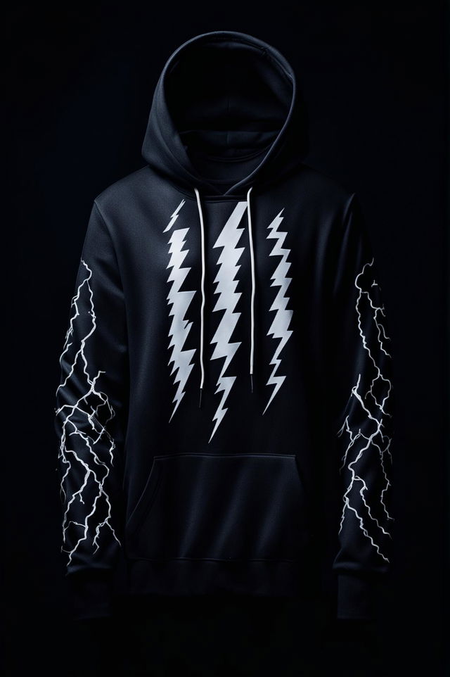 A 32k HD product photograph of a black hoodie with a ghostly white lightning bolt design, inspired by gothic aesthetics