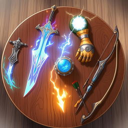 A beautifully illustrated anime-style fantasy scene viewed from above, featuring a richly detailed wooden table