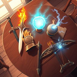 A beautifully illustrated anime-style fantasy scene viewed from above, featuring a richly detailed wooden table