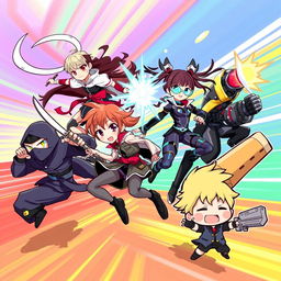 An energetic and fast-paced illustration featuring a diverse group of anime characters in a variety of action-packed poses