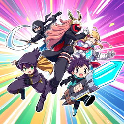 An energetic and fast-paced illustration featuring a diverse group of anime characters in a variety of action-packed poses