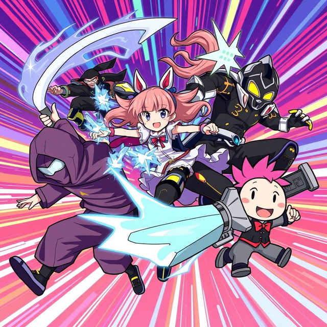 An energetic and fast-paced illustration featuring a diverse group of anime characters in a variety of action-packed poses