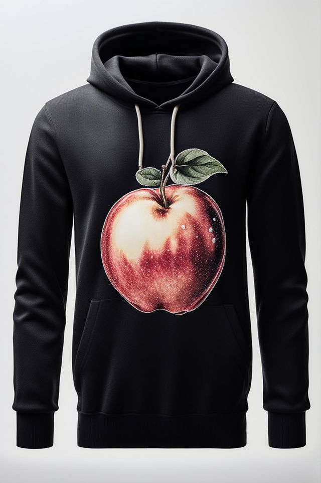 A 32k HD product photograph of a black, luxury cashmere hoodie with a white apple graphic, taken with a 200mm lens