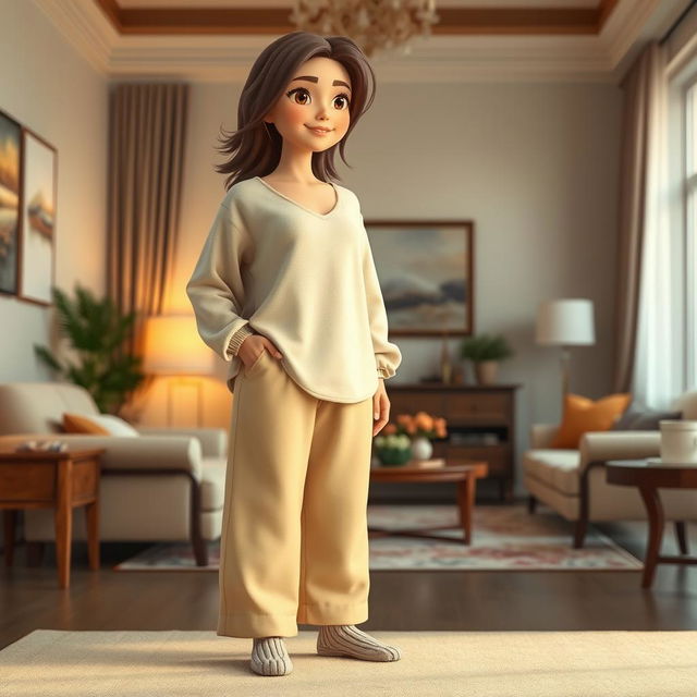 A large, beautiful cartoon model standing in a cozy and elegant room, wearing loose beige pants, a long cotton shirt, and woolen socks