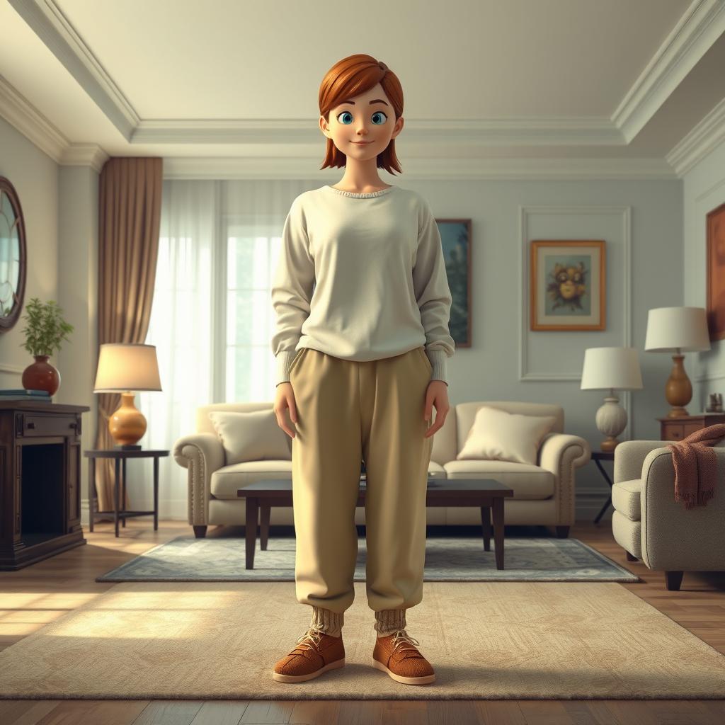 A large, beautiful cartoon model standing in a cozy and elegant room, wearing loose beige pants, a long cotton shirt, and woolen socks