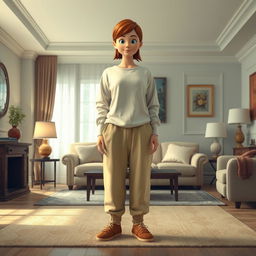 A large, beautiful cartoon model standing in a cozy and elegant room, wearing loose beige pants, a long cotton shirt, and woolen socks
