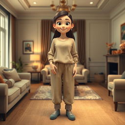 A large, beautiful cartoon model standing in a cozy and elegant room, wearing loose beige pants, a long cotton shirt, and woolen socks