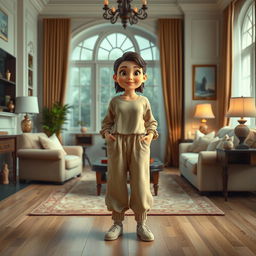 A large, beautiful cartoon model standing in a cozy and elegant room, wearing loose beige pants, a long cotton shirt, and woolen socks