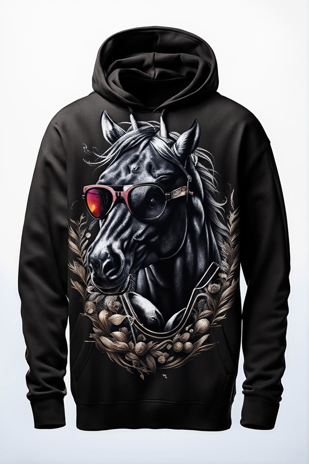 A 32k HD product photograph of a black graphic hoodie featuring a design of a horse wearing sunglasses, taken with a 200mm lens