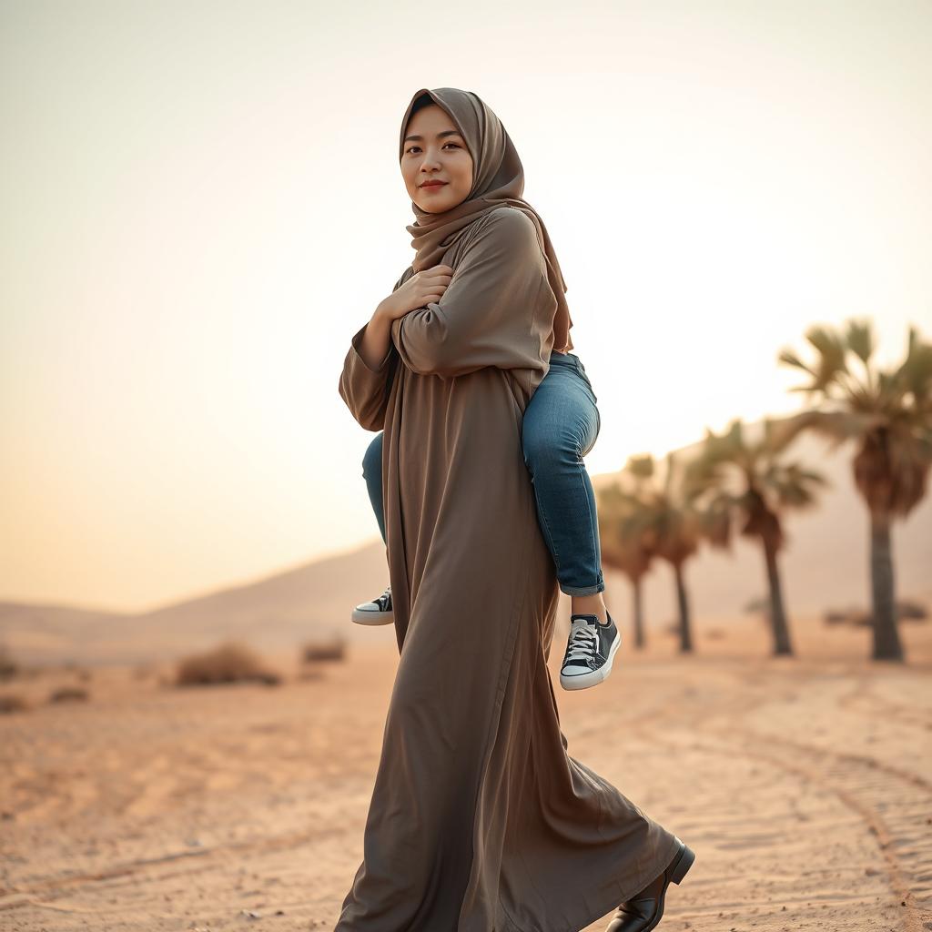 A front view realistic image of an Indonesian woman wearing a hijab, long-sleeved abaya, and stylish leather boots