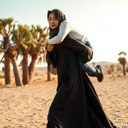 A front view realistic image of an Indonesian woman wearing a hijab, long-sleeved abaya, and stylish leather boots