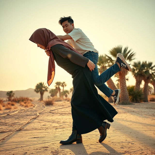 A front view realistic image of an Indonesian woman wearing a hijab, long-sleeved abaya, and stylish leather boots