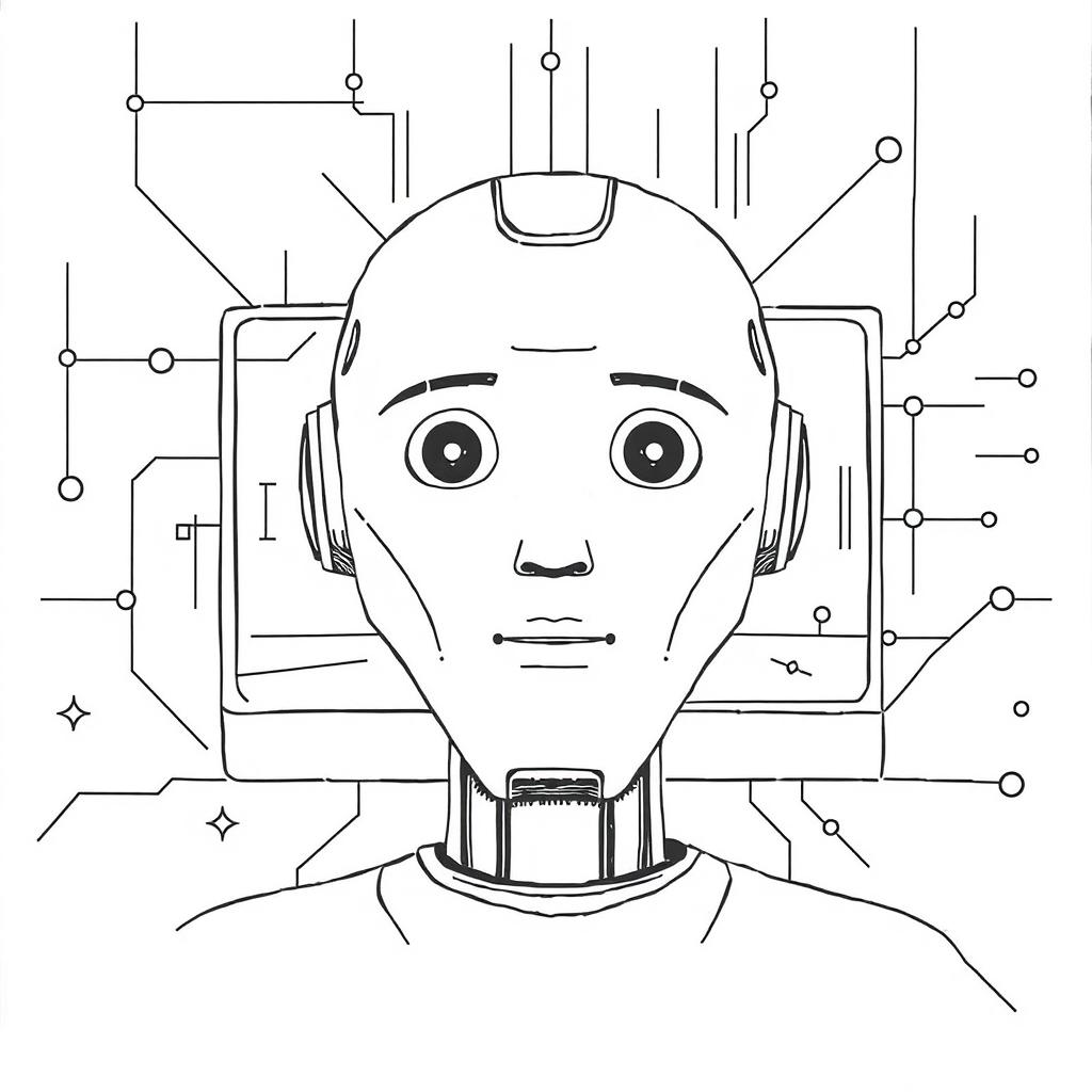 a large, hand-drawn illustration of artificial intelligence, featuring a minimalist robot face that occupies the entire screen, designed to give the impression of emerging from a computer display