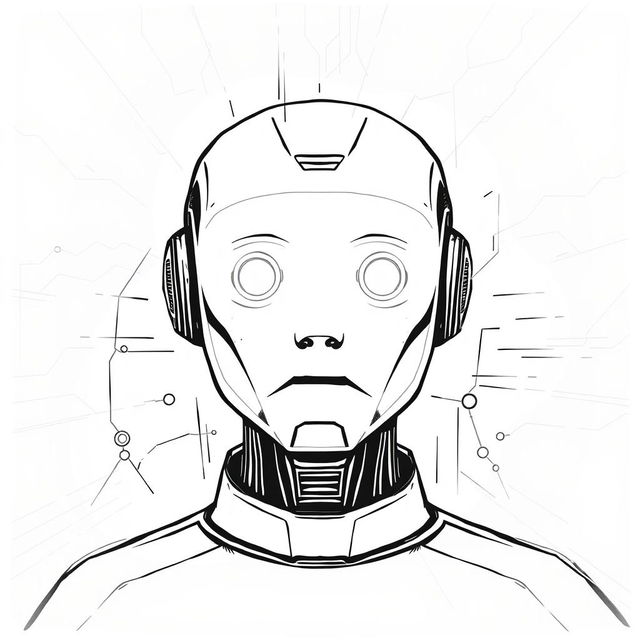 a large, hand-drawn illustration of artificial intelligence, featuring a minimalist robot face that occupies the entire screen, designed to give the impression of emerging from a computer display