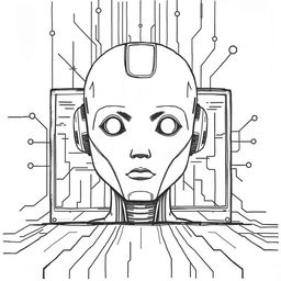 a large, hand-drawn illustration of artificial intelligence, featuring a minimalist robot face that occupies the entire screen, designed to give the impression of emerging from a computer display