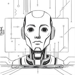 a large, hand-drawn illustration of artificial intelligence, featuring a minimalist robot face that occupies the entire screen, designed to give the impression of emerging from a computer display