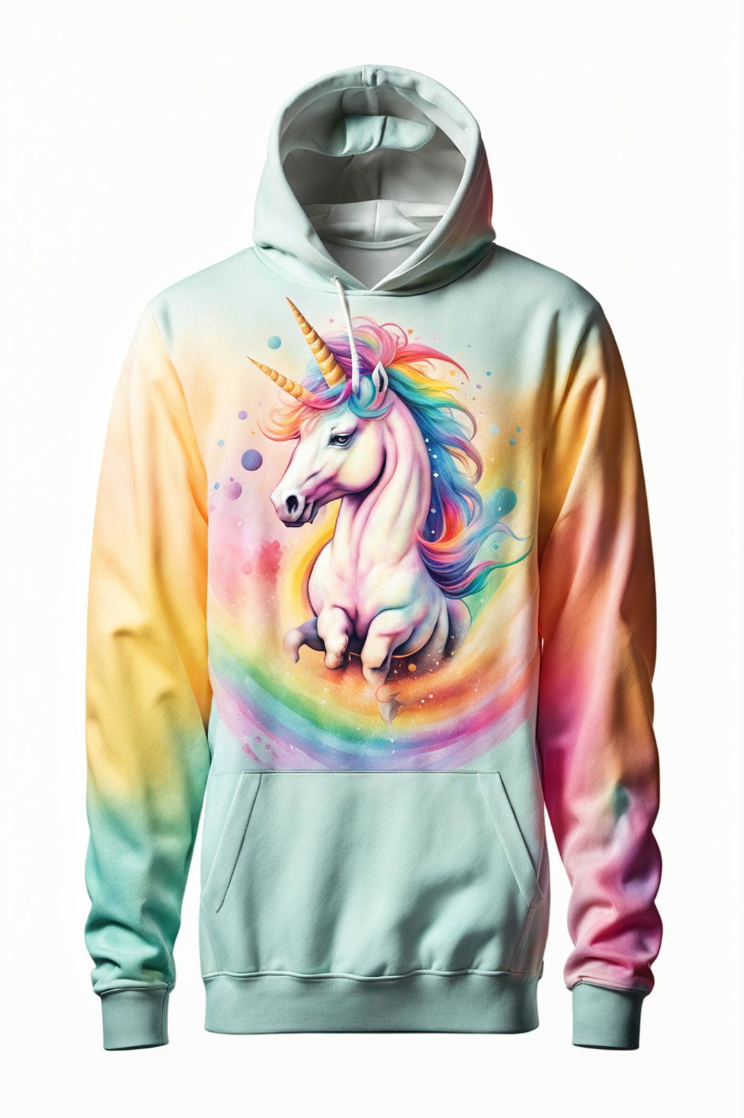 A 32k HD product photograph of a white graphic hoodie featuring a vibrant design of a pastel-colored unicorn and rainbows, taken with a 200mm lens