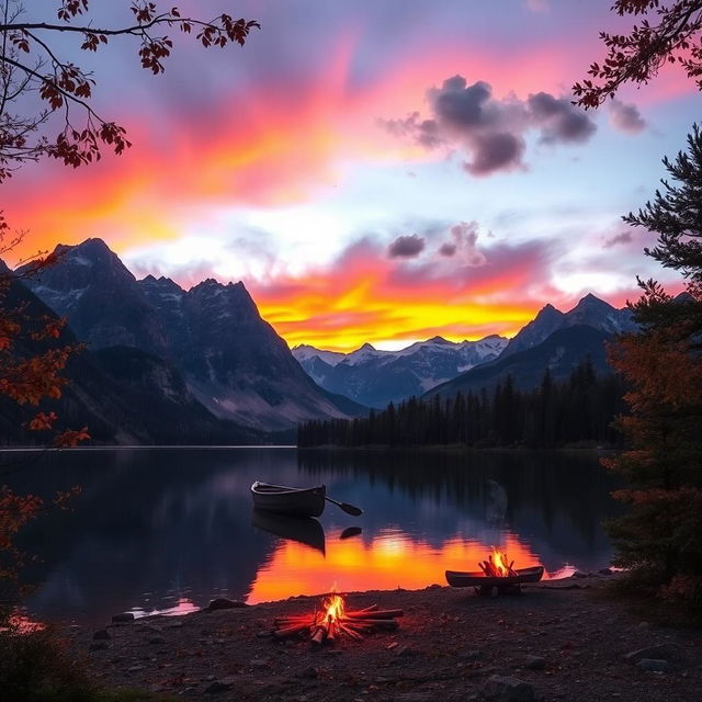 A serene landscape featuring a calm lake surrounded by majestic mountains at sunset, with vibrant orange and purple skies reflected on the water's surface