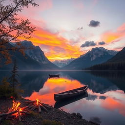 A serene landscape featuring a calm lake surrounded by majestic mountains at sunset, with vibrant orange and purple skies reflected on the water's surface