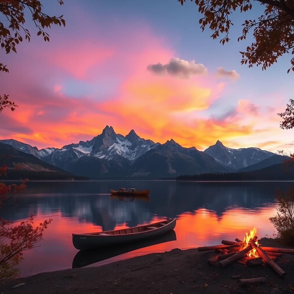 A serene landscape featuring a calm lake surrounded by majestic mountains at sunset, with vibrant orange and purple skies reflected on the water's surface