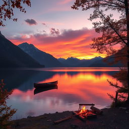 A serene landscape featuring a calm lake surrounded by majestic mountains at sunset, with vibrant orange and purple skies reflected on the water's surface