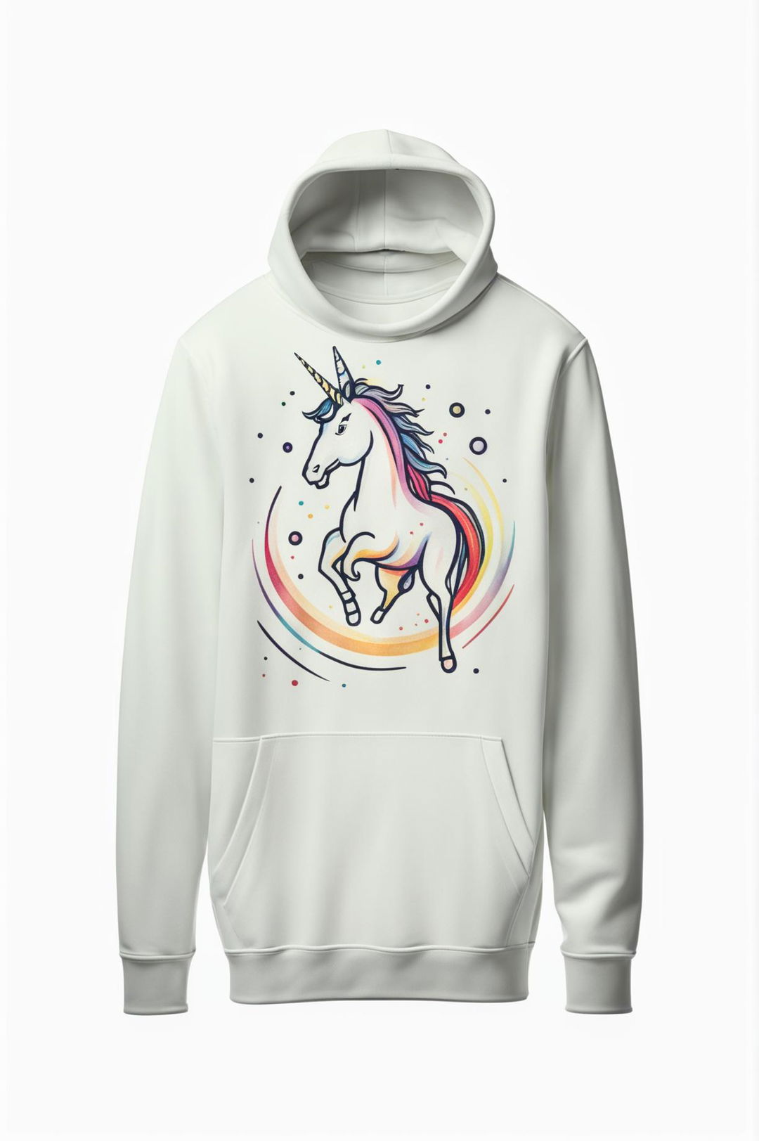 A 32k HD product photograph of a white graphic hoodie featuring a minimalist design of a line-art unicorn and rainbows, taken with a 200mm lens