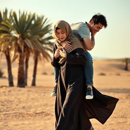 A realistic front view image of an Indonesian woman wearing a hijab and a long-sleeved abaya paired with stylish leather boots