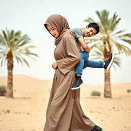 A realistic front view image of an Indonesian woman wearing a hijab and a long-sleeved abaya paired with stylish leather boots