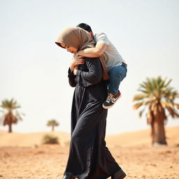 A realistic front view image of an Indonesian woman wearing a hijab and a long-sleeved abaya paired with stylish leather boots