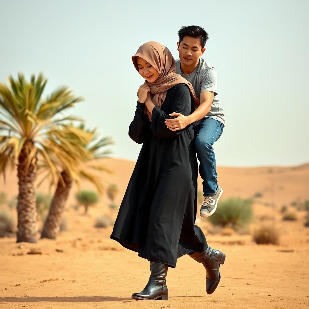 A realistic front view image of an Indonesian woman wearing a hijab and a long-sleeved abaya paired with stylish leather boots