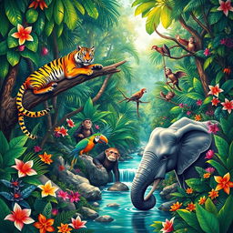 A vivid and colorful illustration of a lush jungle scene filled with a variety of animals