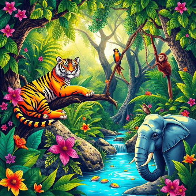 A vivid and colorful illustration of a lush jungle scene filled with a variety of animals