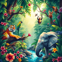 A vivid and colorful illustration of a lush jungle scene filled with a variety of animals