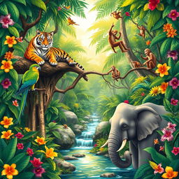 A vivid and colorful illustration of a lush jungle scene filled with a variety of animals