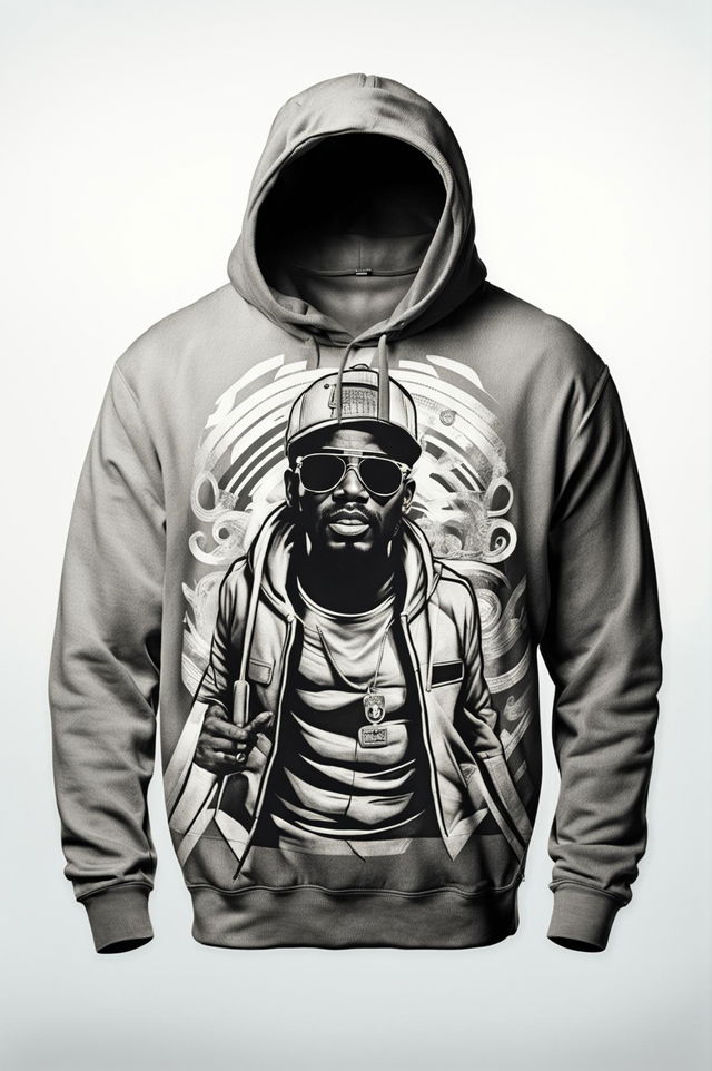 A 32k HD product photograph of a grey graphic hoodie featuring a design of a vintage rapper, taken with a 200mm lens