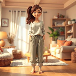 A large, beautiful cartoon model wearing loose basic pants and a long cotton shirt, with cozy woolen socks and no shoes