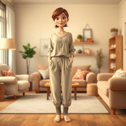 A large, beautiful cartoon model wearing loose basic pants and a long cotton shirt, with cozy woolen socks and no shoes