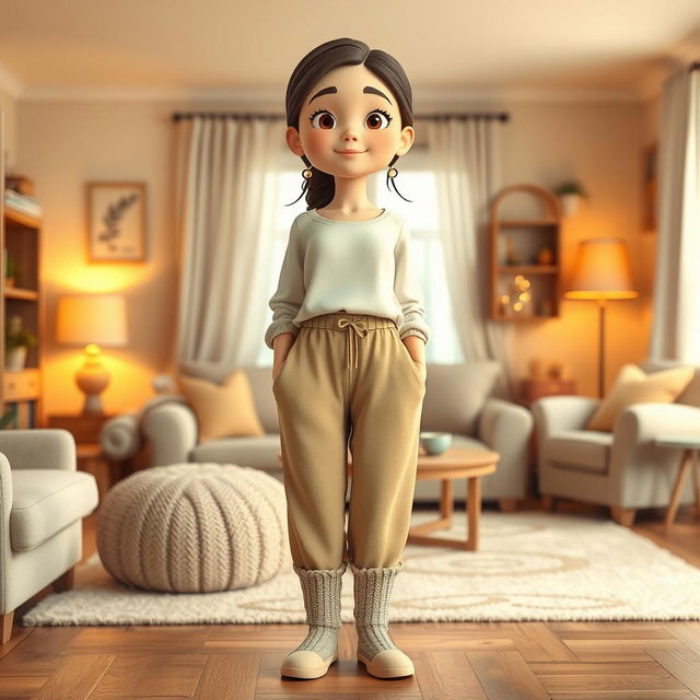 A large, beautiful cartoon model wearing loose basic pants and a long cotton shirt, with cozy woolen socks and no shoes