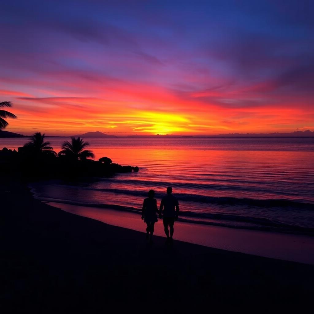 A stunning sunset over a tranquil beach, with vibrant orange and purple hues in the sky reflecting on the calm water