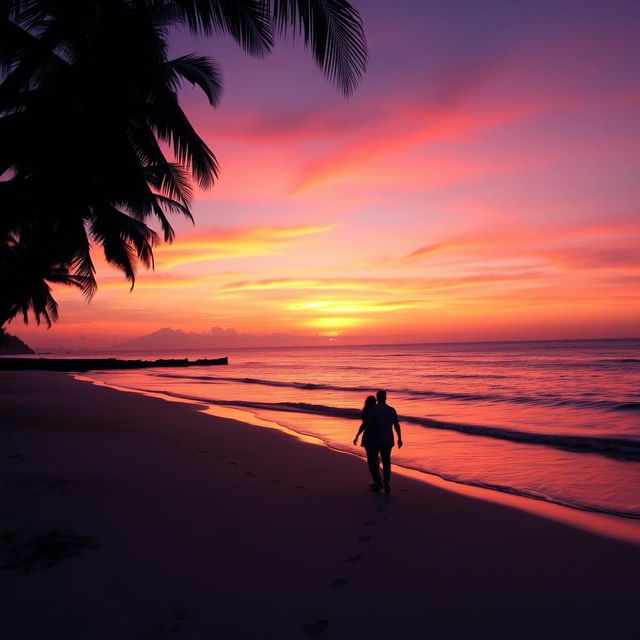 A stunning sunset over a tranquil beach, with vibrant orange and purple hues in the sky reflecting on the calm water