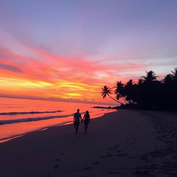 A stunning sunset over a tranquil beach, with vibrant orange and purple hues in the sky reflecting on the calm water