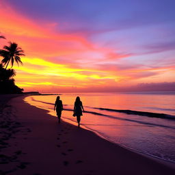 A stunning sunset over a tranquil beach, with vibrant orange and purple hues in the sky reflecting on the calm water