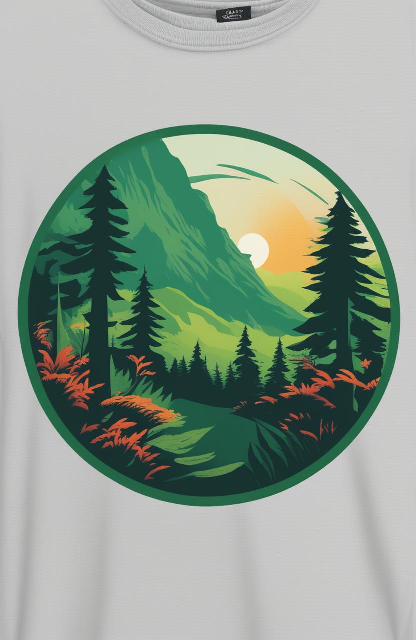 A high-quality image of a vibrant green graphic tee featuring a detailed, digital art design of a forest