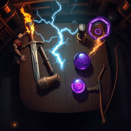 An enchanting anime-style fantasy scene depicting a sturdy tavern table viewed from above in a dimly lit room