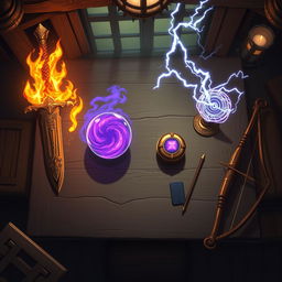 An enchanting anime-style fantasy scene depicting a sturdy tavern table viewed from above in a dimly lit room