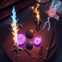An enchanting anime-style fantasy scene depicting a sturdy tavern table viewed from above in a dimly lit room