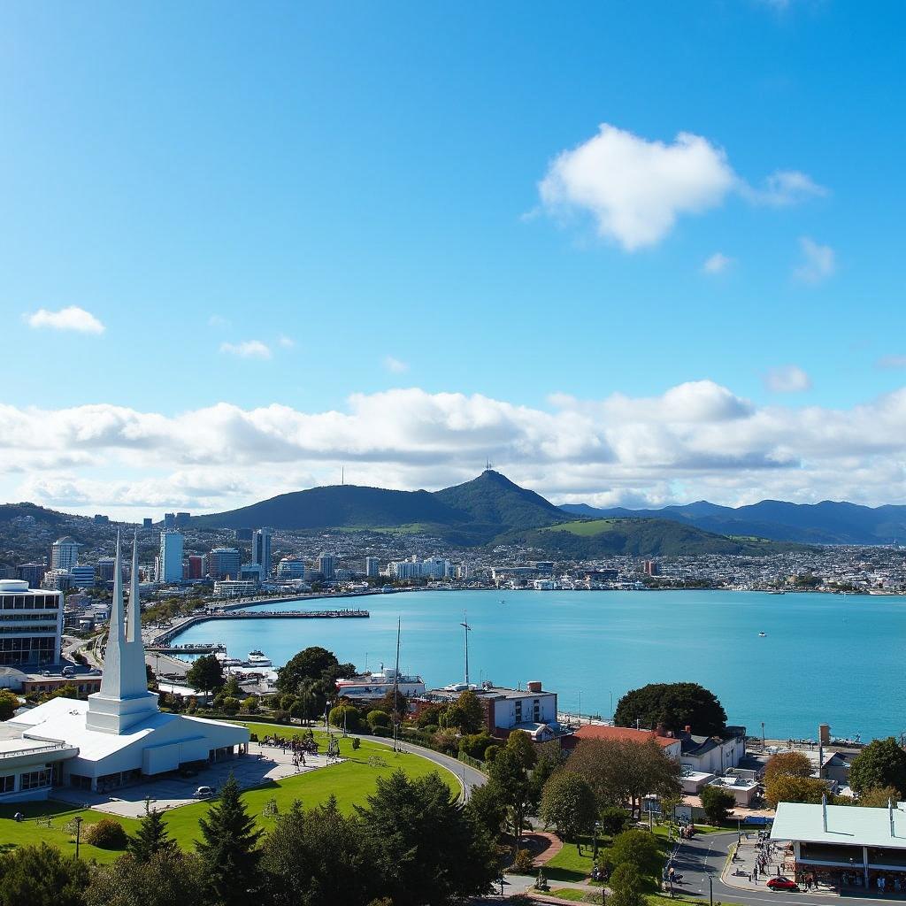 A panoramic view of Wellington City, New Zealand, showcasing the stunning harbor, vibrant city skyline, and surrounding hills